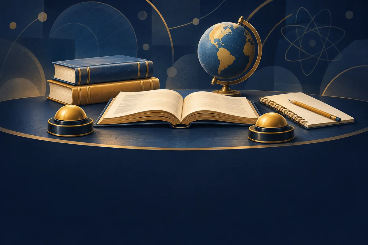 Illustration of books, a globe, and quiz buzzers for academic challenges